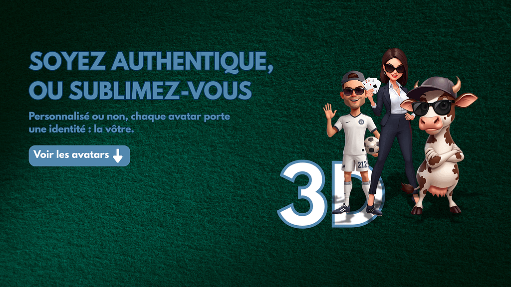 Image de carrousel mettant en avant des avatars 3D créés par Créanet avec le texte "Soyez authentique ou sublimez-vous". Idéal pour la boutique Winamax, cette illustration valorise la personnalisation et le style unique des profils sur les plateformes de poker en ligne.