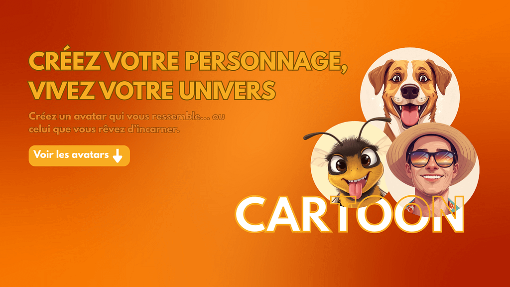 Image de carrousel présentant des avatars cartoon créés par Créanet avec le texte "Créez votre personnage, vivez votre univers". Parfait pour le profil Winamax, cette illustration met en avant la personnalisation et l’expérience immersive des profils sur les plateformes de poker en ligne.
