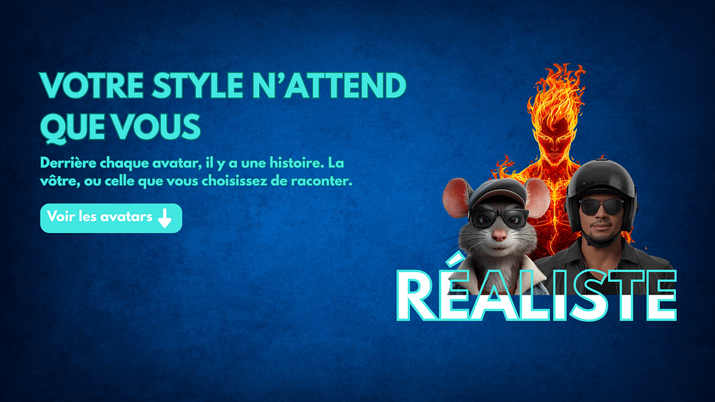 Image de carrousel présentant des avatars cartoon créés par Créanet avec le texte "Votre style n'attend que vous". Parfait pour mettre en avant la personnalisation et la créativité des profils sur les plateformes de poker en ligne dans la boutique Winamax.