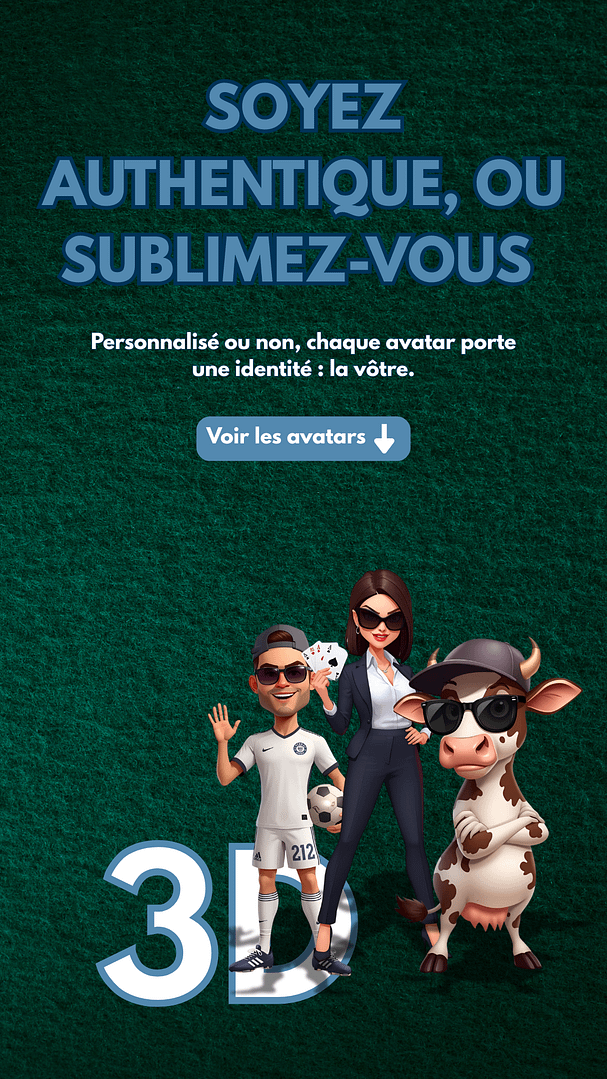 Image de carrousel mettant en avant des avatars 3D créés par Créanet avec le texte "Soyez authentique ou sublimez-vous". Idéal pour la boutique Winamax, cette illustration valorise la personnalisation et le style unique des profils sur les plateformes de poker en ligne.