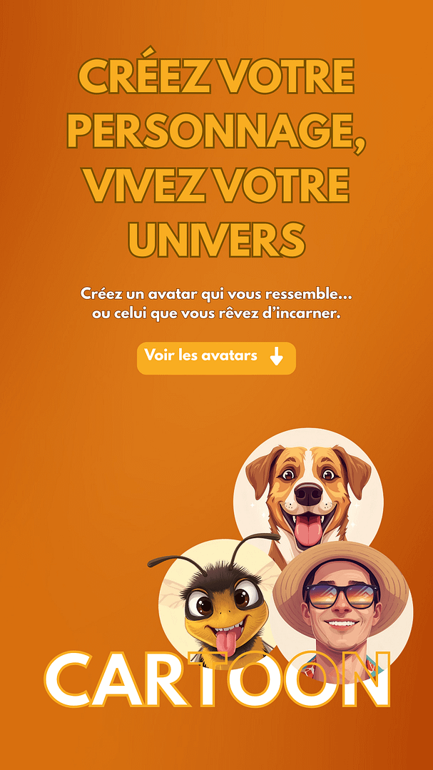 Image de carrousel présentant des avatars cartoon créés par Créanet avec le texte "Créez votre personnage, vivez votre univers". Parfait pour la boutique Winamax, cette illustration met en avant la personnalisation et l’expérience immersive des profils sur les plateformes de poker en ligne.