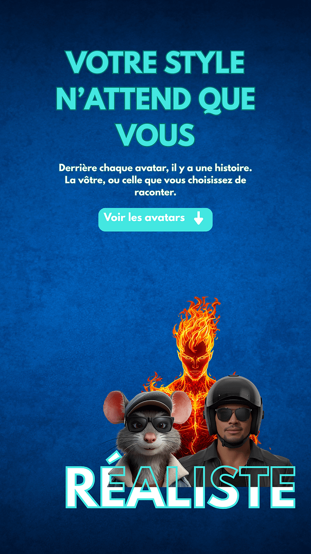 Image de carrousel présentant des avatars cartoon créés par Créanet avec le texte "Votre style n'attend que vous". Parfait pour mettre en avant la personnalisation et la créativité des profils sur les plateformes de poker en ligne dans la boutique Winamax.